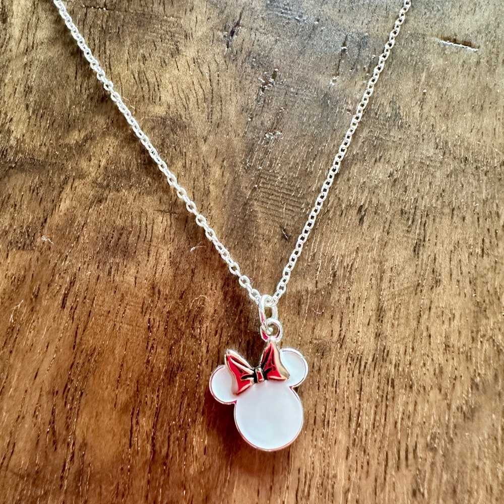 Silver Tone Disney White Rose Gold Mini Mouse Necklace 18”